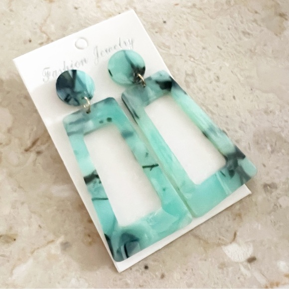 Aqua and Black Rectangular Earrings - Picture 2 of 5